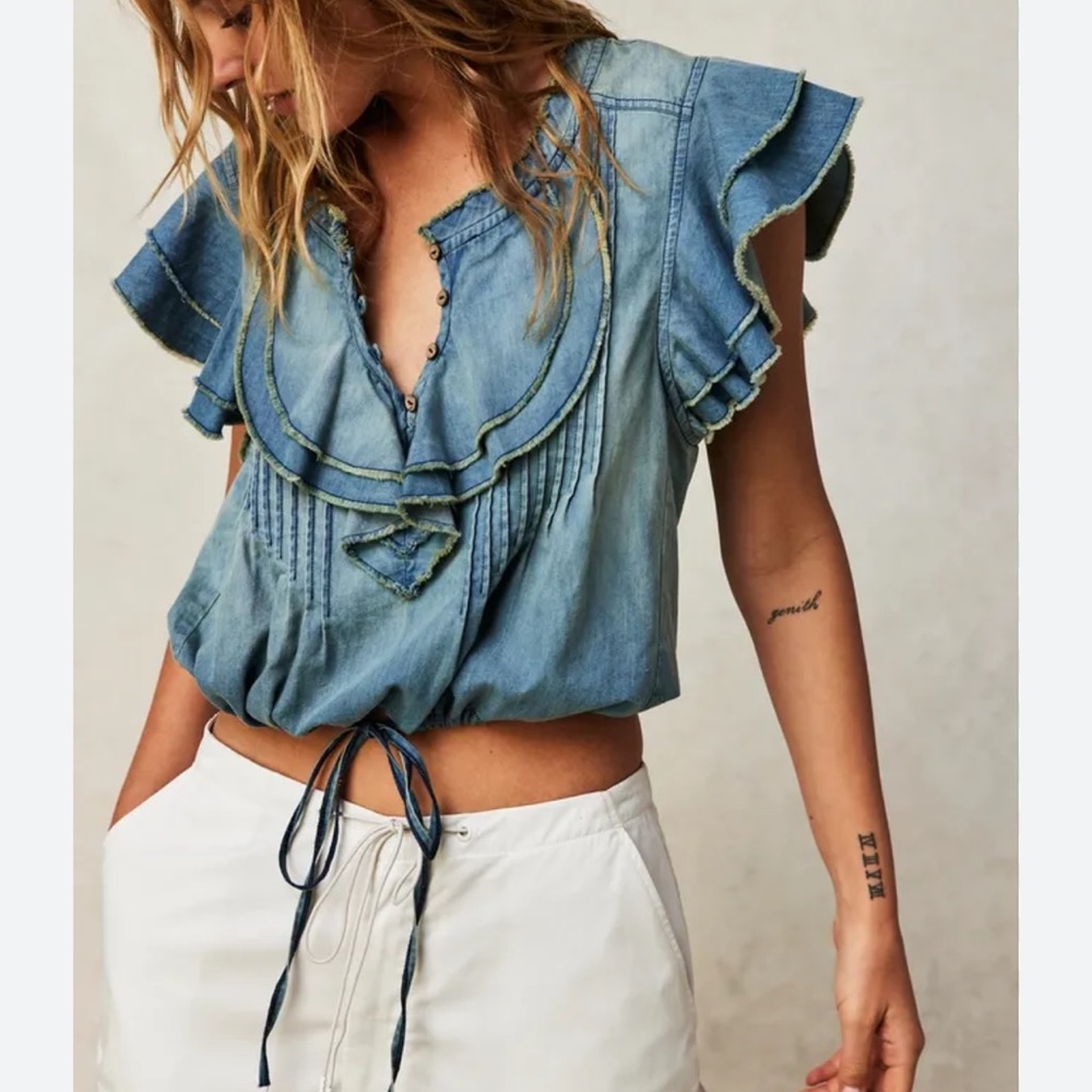 Free People Chambray Ruffle Tie-Front Blouse in Light Blue